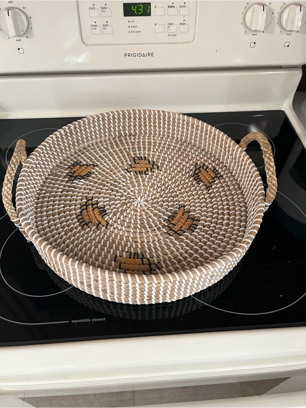 Woven Round Serving Tray with Handles - Natural & White